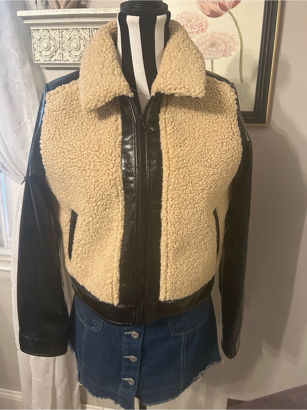 Maeve Faux Leather Zip Bomber Jacket Pockets Beige Black Women's Size Sm